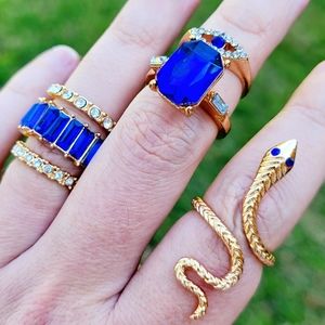 Ancient Sapphire Blue Gold Snake Eye Diamond Crystal Gem Ring Set